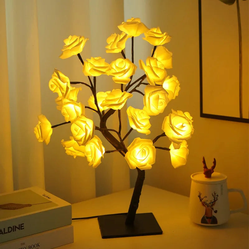 24 LED Rose Tree Lights USB Plug Table Lamp Fairy Flower Night Light for Home Party Christmas Wedding Bedroom Decoration Gift