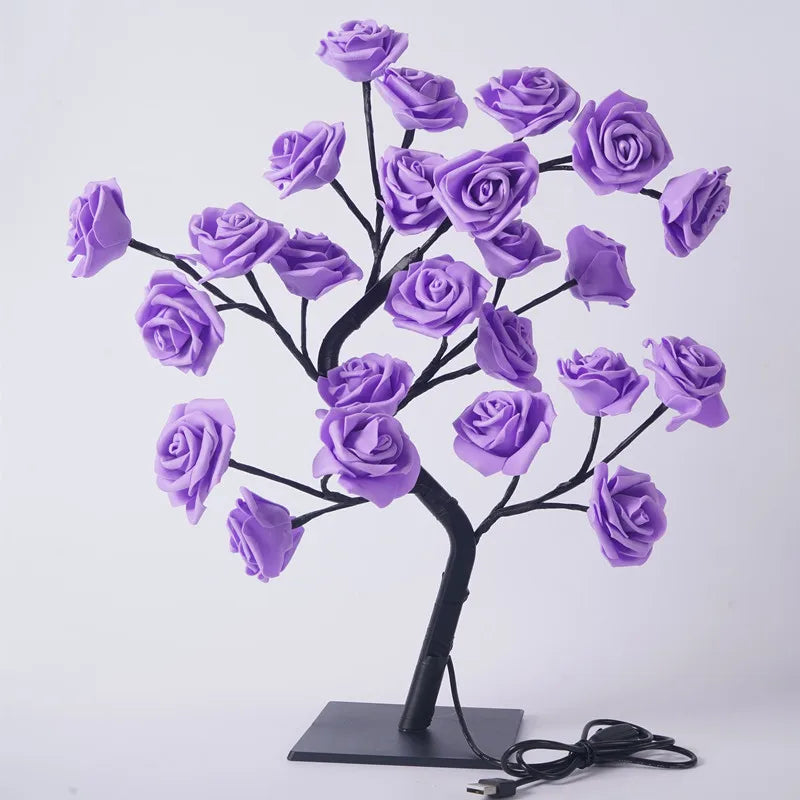 24 LED Rose Tree Lights USB Plug Table Lamp Fairy Flower Night Light for Home Party Christmas Wedding Bedroom Decoration Gift