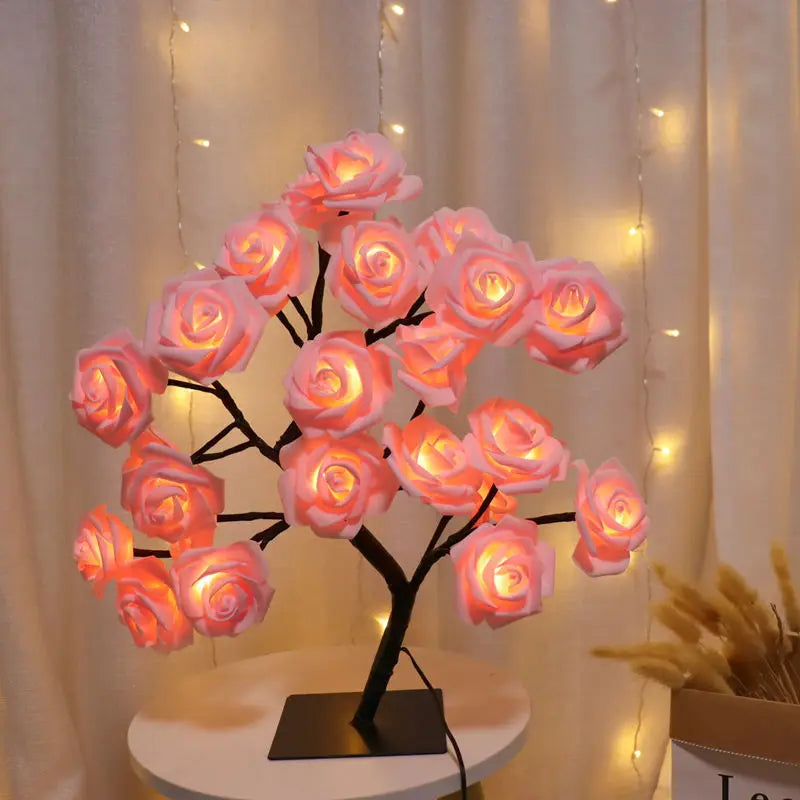 24 LED Rose Tree Lights USB Plug Table Lamp Fairy Flower Night Light for Home Party Christmas Wedding Bedroom Decoration Gift